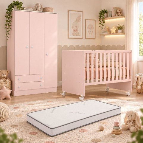 Kit Quarto de Bebê Doce Sonho com Berço com Rodízio Guarda Roupa 3 Portas e Colchão D18 130x60 Movel