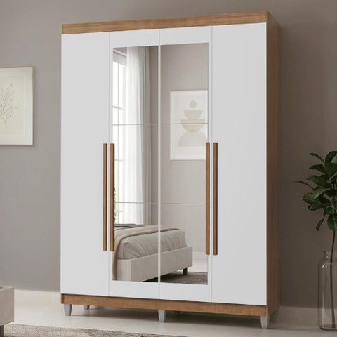 Guarda-Roupa Solteiro com Pés 4 Portas Batentes com Espelho Rustic/Branco/Rustic Netuno Madesa