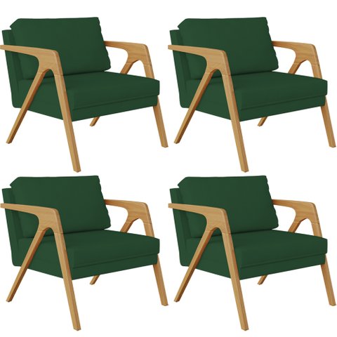 Kit 4 Poltronas Decorativas Sala Pietra Estrutura de Madeira L02 Suede Verde Musgo - Lyam Decor