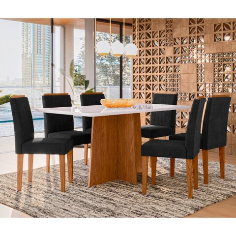 Conjunto Mesa de Jantar 1,60m Anitta Tampo Mdf com Vidro e 6 Cadeiras Ana Ypê/off White/ja03 - New C