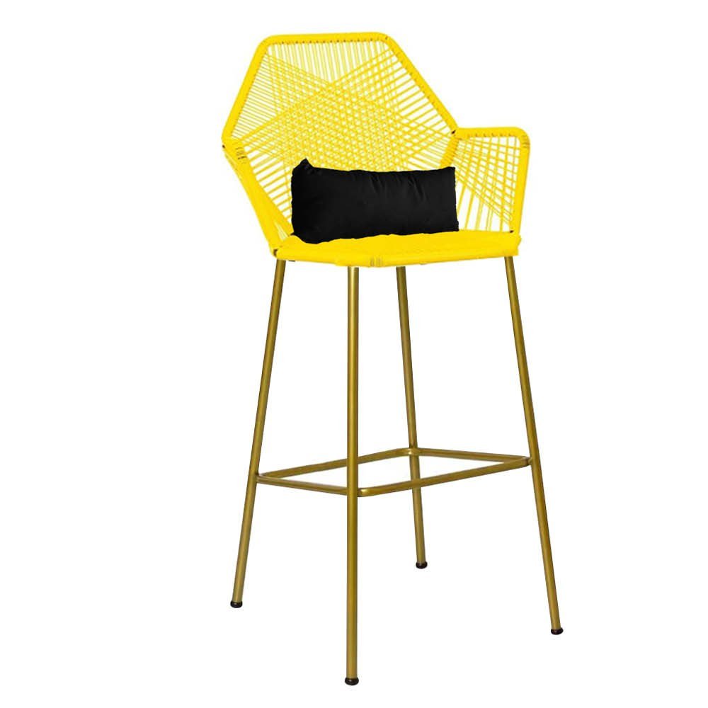 Kit 06 Banqueta Alta Com Encosto Sttar Balcão Ferro Dourado Fibra Amarelo Almofada Corino Preto - Am - 3