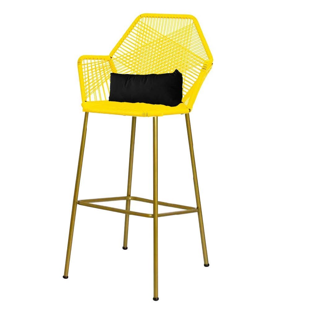 Kit 06 Banqueta Alta Com Encosto Sttar Balcão Ferro Dourado Fibra Amarelo Almofada Corino Preto - Am - 2