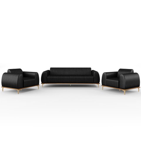Kit Sofá 3 Lugares 210cm com 2 Poltronas Molino Pés D'ouro D02 Couríssimo Preto B-159 - Lyam