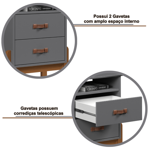 Mesa de Cabeceira Mini Cômoda 2 Gavetas Sonetto com Puxador em Couro - Cinza - 2