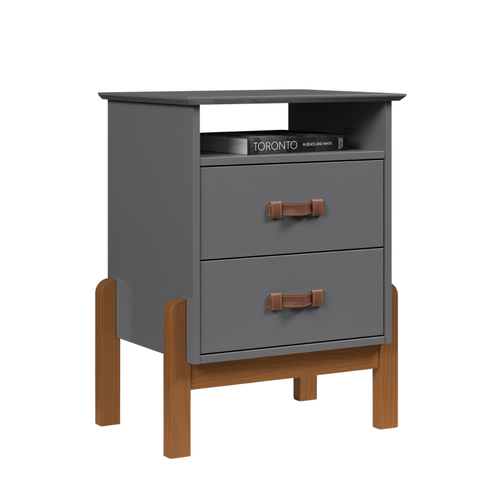 Mesa de Cabeceira Mini Cômoda 2 Gavetas Sonetto com Puxador em Couro - Cinza - 7