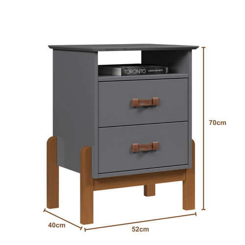 Mesa de Cabeceira Mini Cômoda 2 Gavetas Sonetto com Puxador em Couro - Cinza - 9