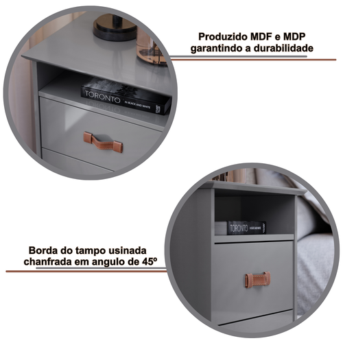 Mesa de Cabeceira Mini Cômoda 2 Gavetas Sonetto com Puxador em Couro - Cinza - 3