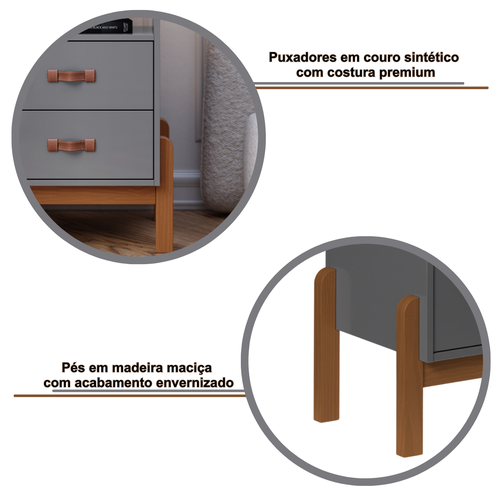 Mesa de Cabeceira Mini Cômoda 2 Gavetas Sonetto com Puxador em Couro - Cinza - 10