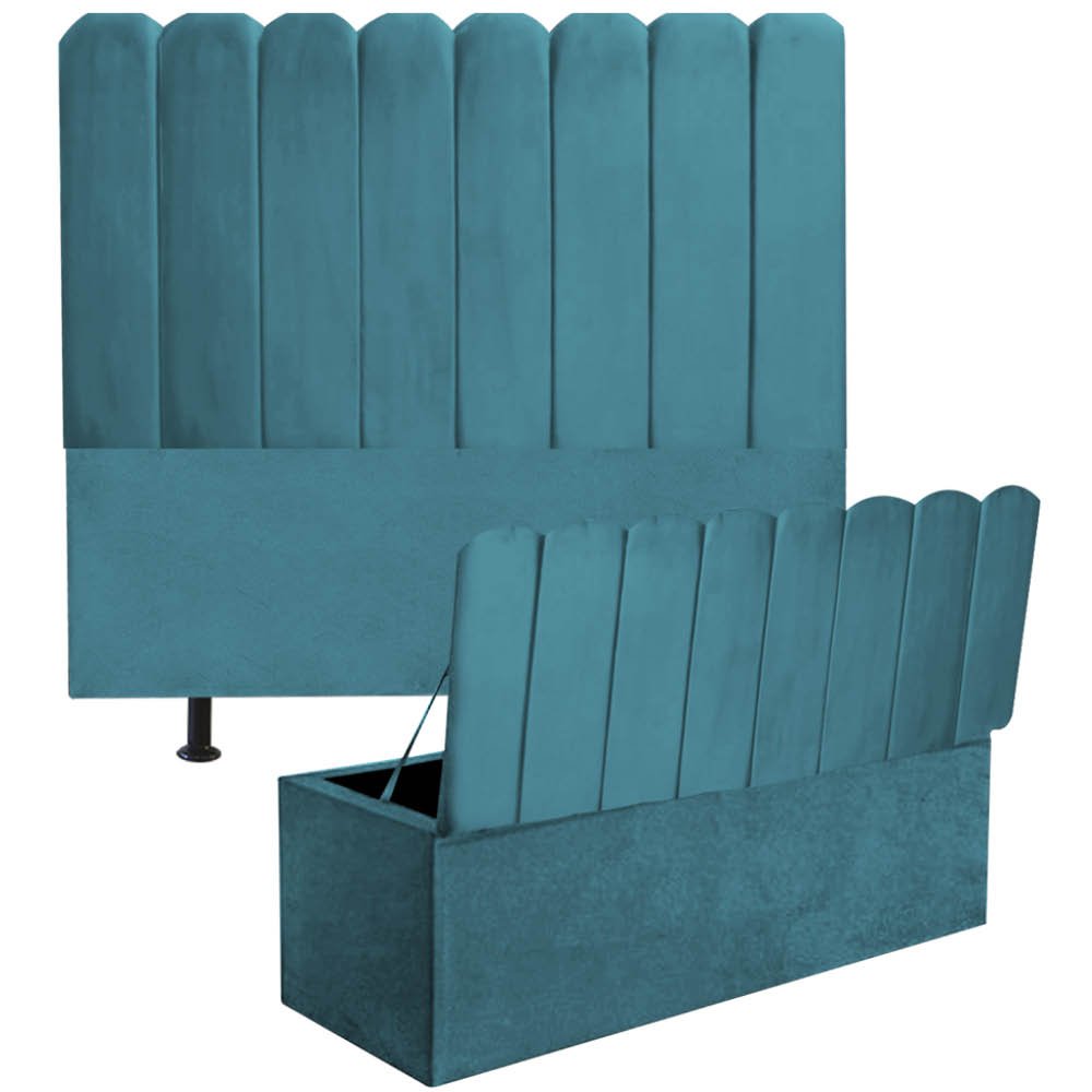 Kit Cabeceira Estofada e Calçadeira Baú Recamier Dallas 195cm King Size Suede Azul Turquesa - - 1