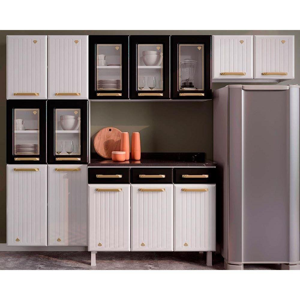 Kit de Cozinha 4 Peças Diamante 5 Portas Vidro (2 Armários 1 Balcão 1 Paneleiro) Branco/preto - 1