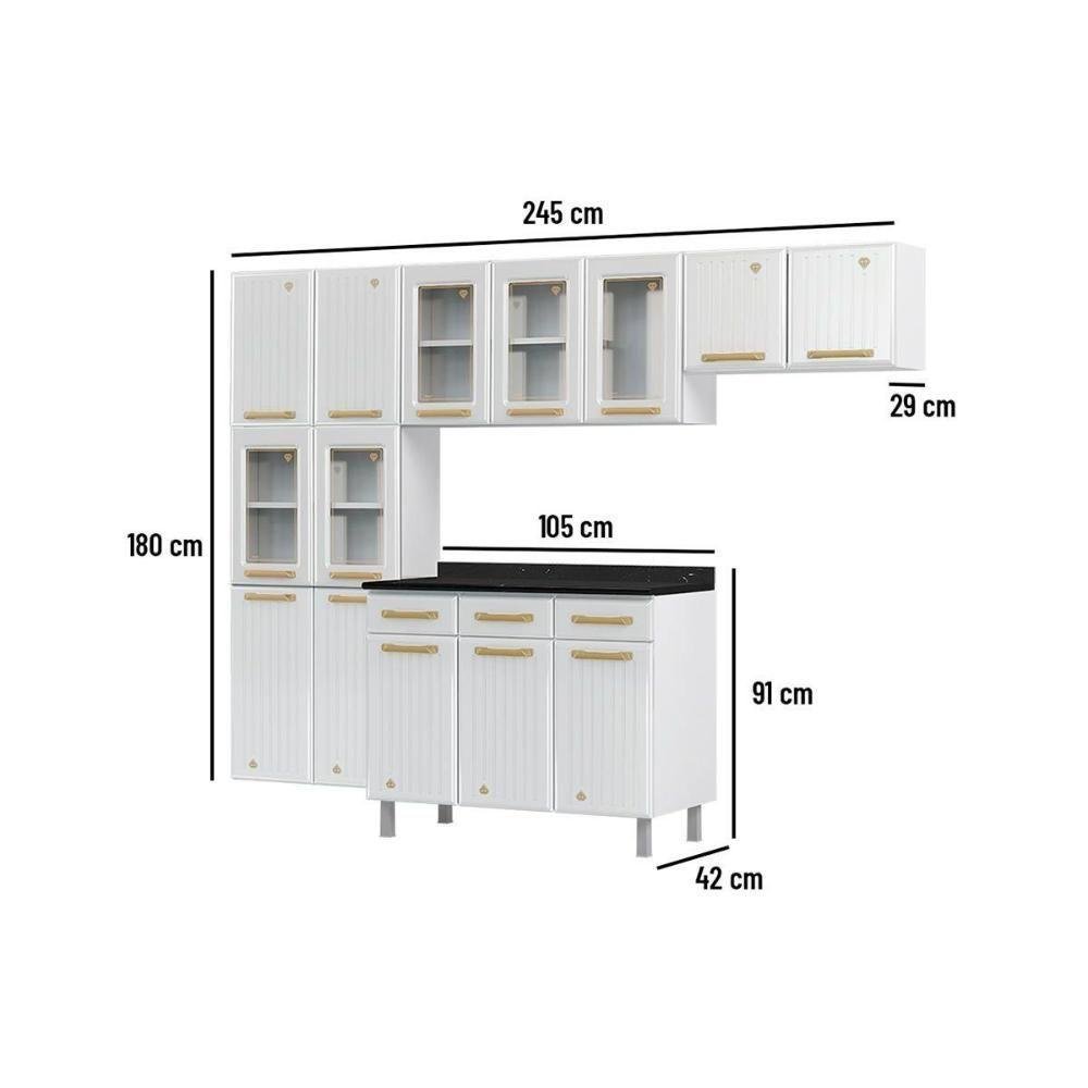Kit de Cozinha 4 Peças Diamante 5 Portas Vidro (2 Armários 1 Balcão 1 Paneleiro) Branco/preto - 5