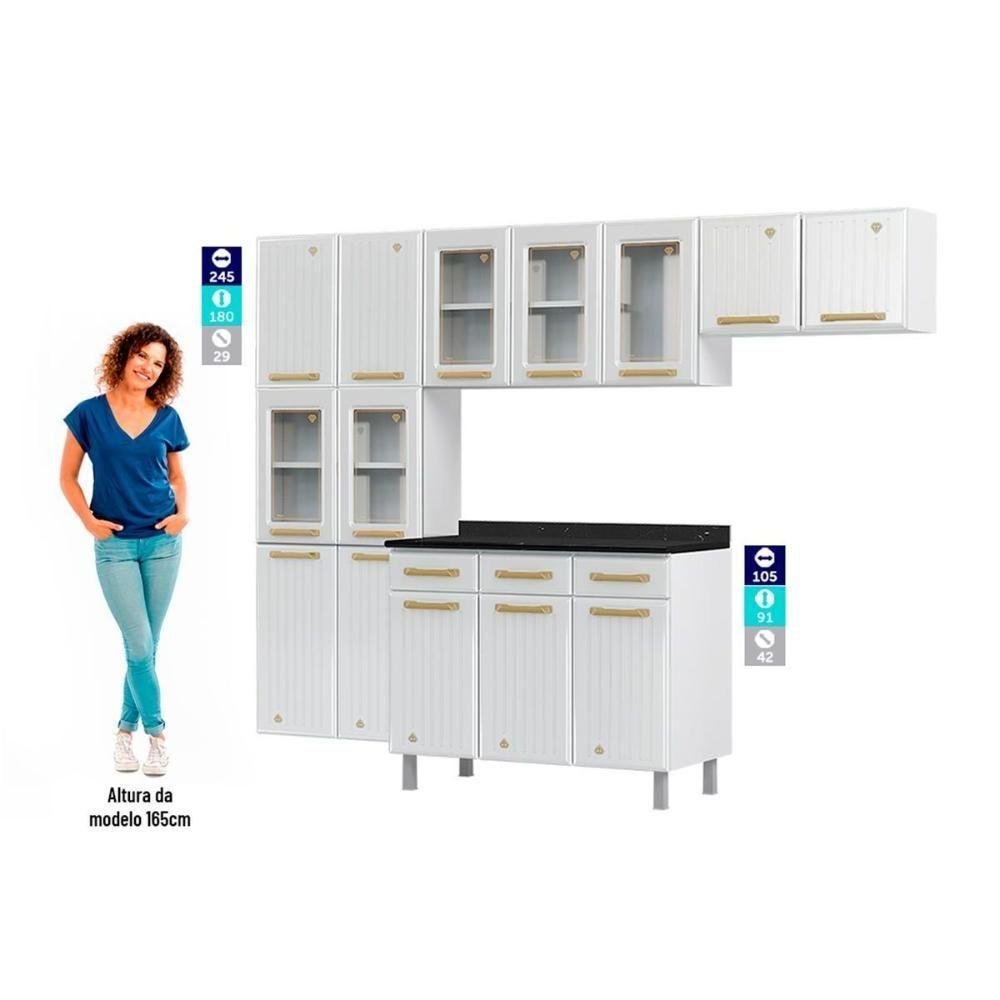 Kit de Cozinha 4 Peças Diamante 5 Portas Vidro (2 Armários 1 Balcão 1 Paneleiro) Branco/preto - 7