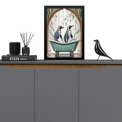 Quadro para Decoração de Banheiros - Pinguins 33x24cm:moldura Branca