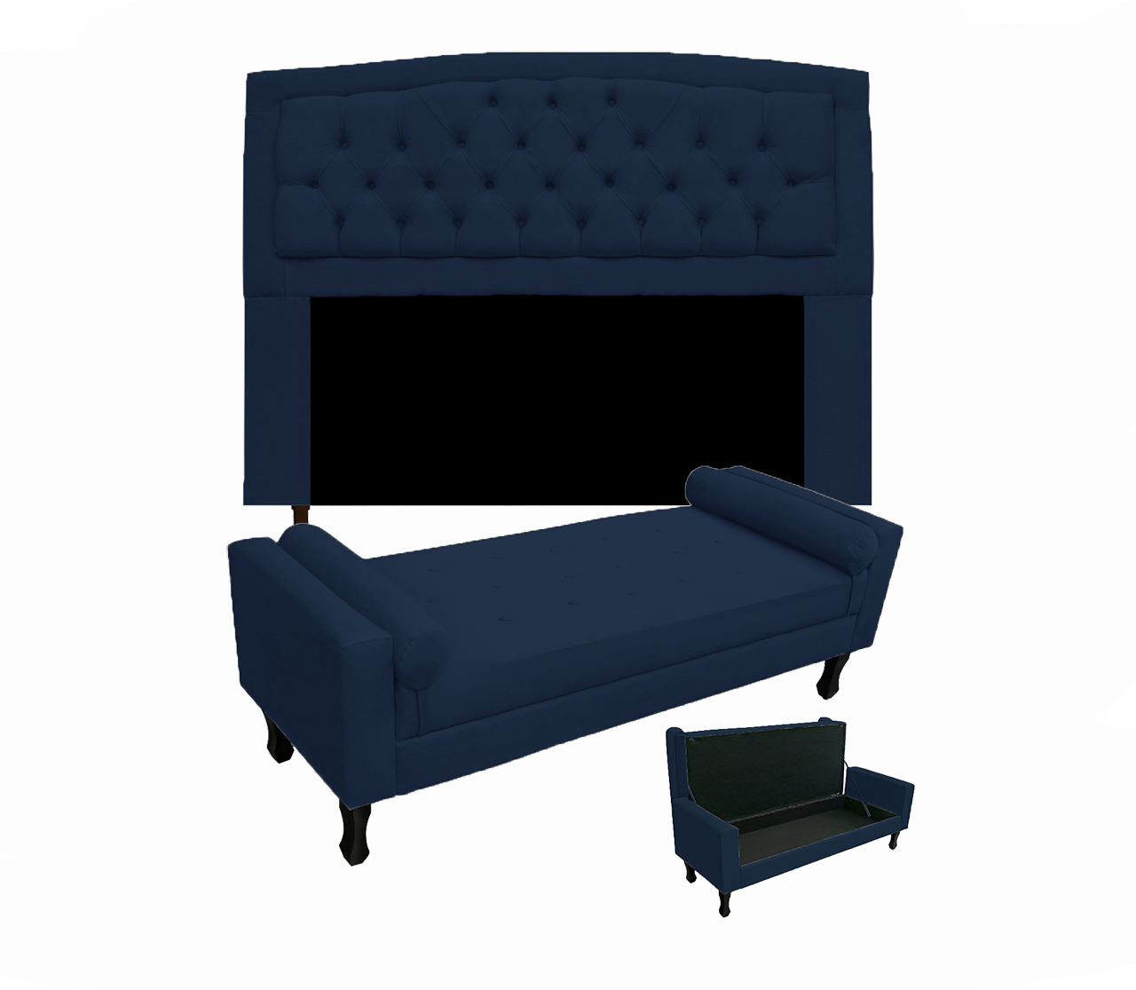 Conjunto Cabeceira Geovana + Calçadeira Fênix Solteiro 90cm Suede Azul Marinho - DL Decor - 1