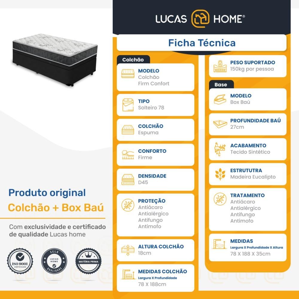 Cama Box Baú + Colchão de Solteiro D45 Firm Confort 78x188x60cm Preto Suporta até 150kg por - 2