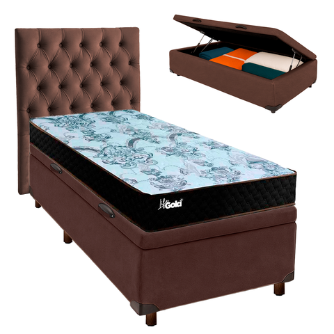 Cama + Bau Marrom e Colchão Molas Ensacadas Solteiro - Life Gold Paropas + Cabeceira