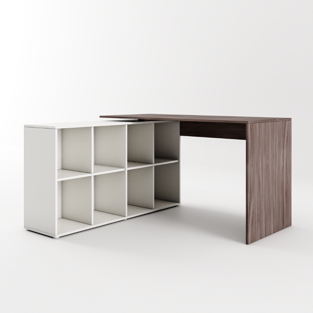 Mesa Escritorio Computador 8 Nichos Em L Cor:Carvalho smoked com Branco - 1
