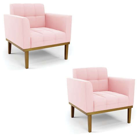 Kit 2 Poltronas Base de Madeira Fixa Castanho Elisa Suede D03 - D’Rossi Rosa Bebê