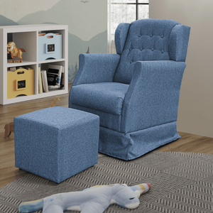 Poltrona Amamentação Balanço Descanso Manu com Puff Linho Azul Twdecora