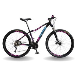 BICICLETA 29 PUMABIKE LINCE 9V STEEZ, FREIO HID, K7, SUSP TRAVA GUIDÃO, PRETO COM ROSA E AZUL, 17 - 1