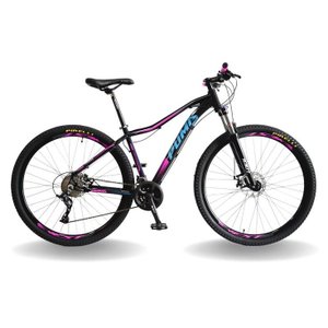BICICLETA 29 PUMABIKE LINCE 9V STEEZ, FREIO HID, K7, SUSP TRAVA GUIDÃO, PRETO COM ROSA E AZUL, 17