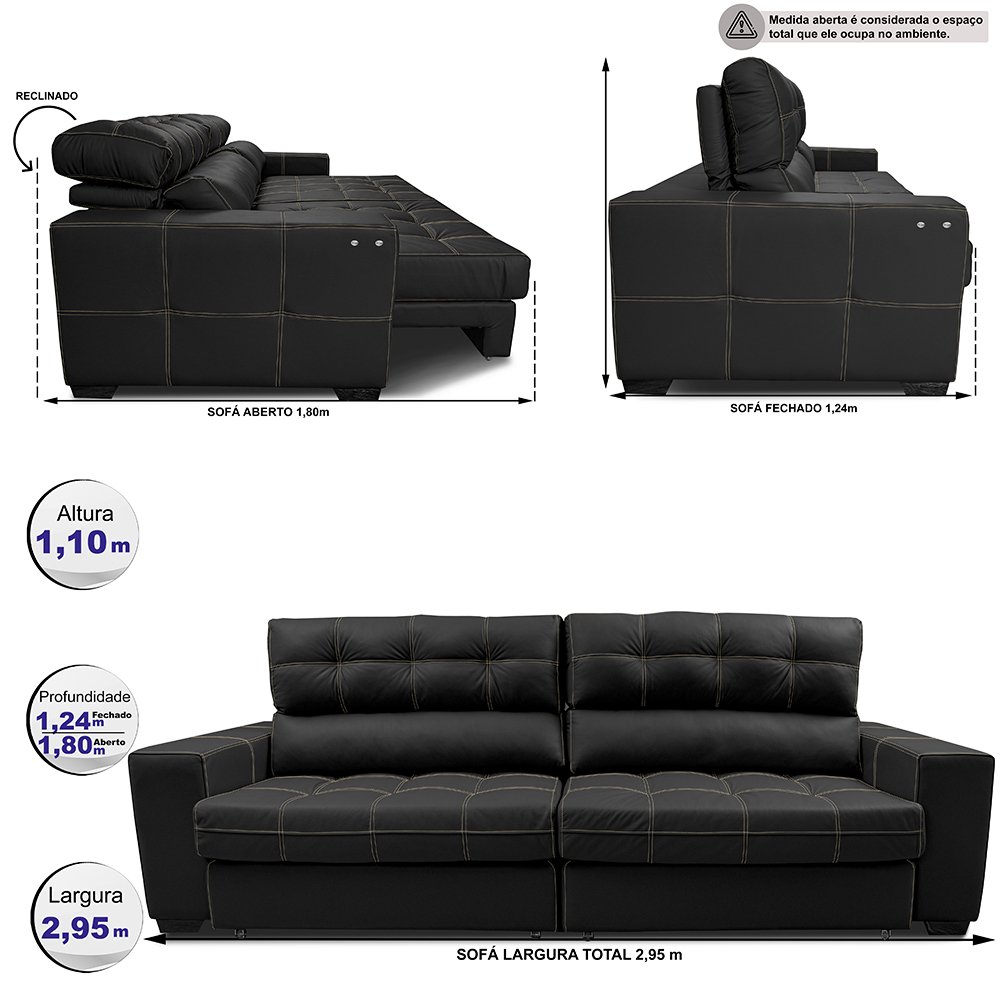 Sofá de Couro Elétrico Retrátil 2,95m Molas Ensacadas Cama Inbox Gran Majesty Preto - 2