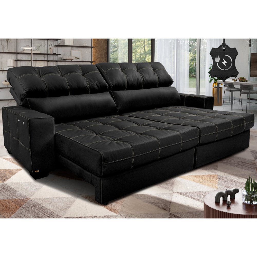 Sofá de Couro Elétrico Retrátil 2,95m Molas Ensacadas Cama Inbox Gran Majesty Preto - 1