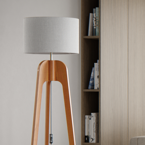 Luminária Madeira Maciça Paris C/ Coluna Tripla Cúpula Palha