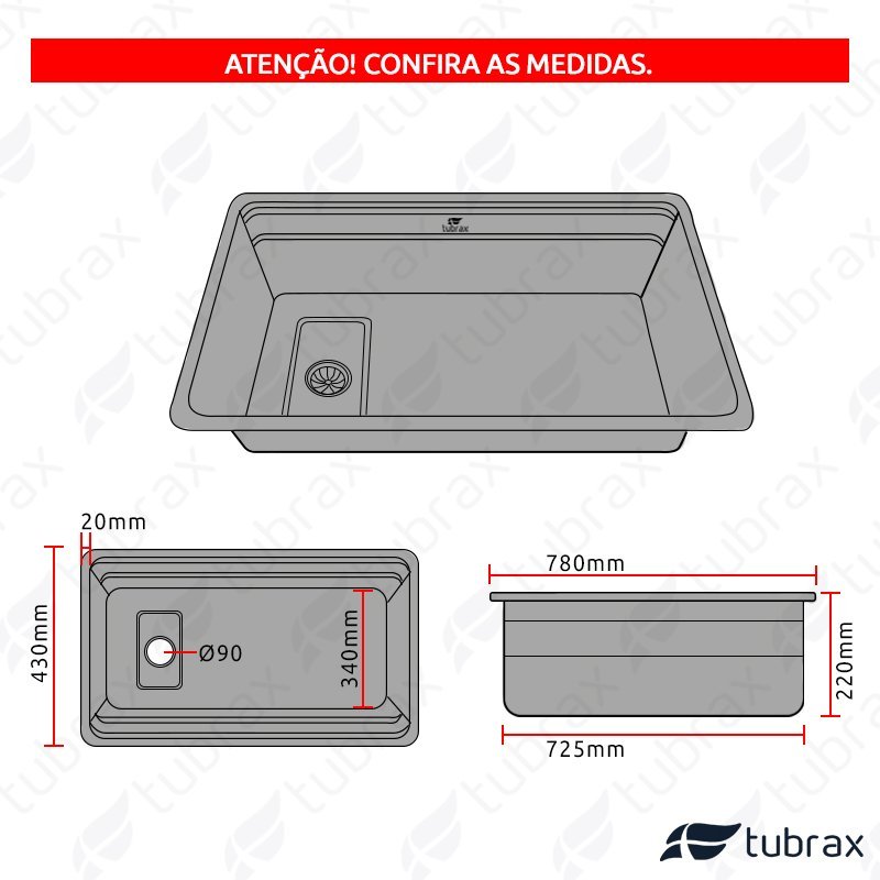 Pia Cuba de Cozinha em Aço Inox 304 - 78X43 - Tubrax - 7