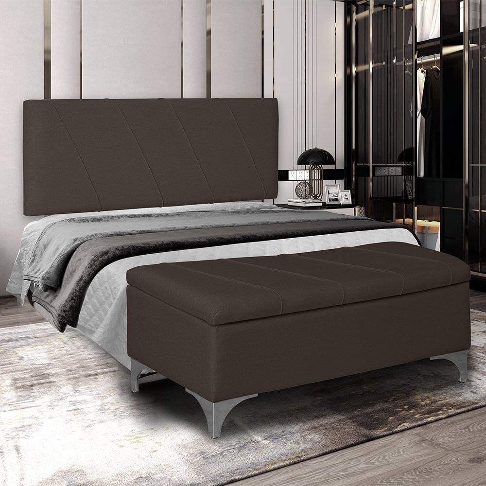Kit Painel Cabeceira + Bau Iza Para Cama King Box Quarto Moderno 1,95 Nanda Decor:Corino Marrom - 1
