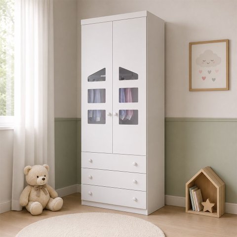 Guarda Roupa Roupeiro Infantil Eloísa 100% MDF 2 Portas 3 Gavetas para Quarto de Bebê Branco Phoenix