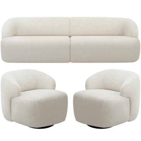 Sofá 3 Lugares Curvo Orgânico com 02 Poltronas Living 250cm Barolo L06 Bouclê Off White