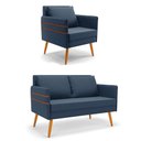 Ver imagem 1 de Kit 01 Namoradeira 02 Lugares e 01 Poltrona Mari Suede Azul Marinho Pés Palito Castanho - D’Rossi DR