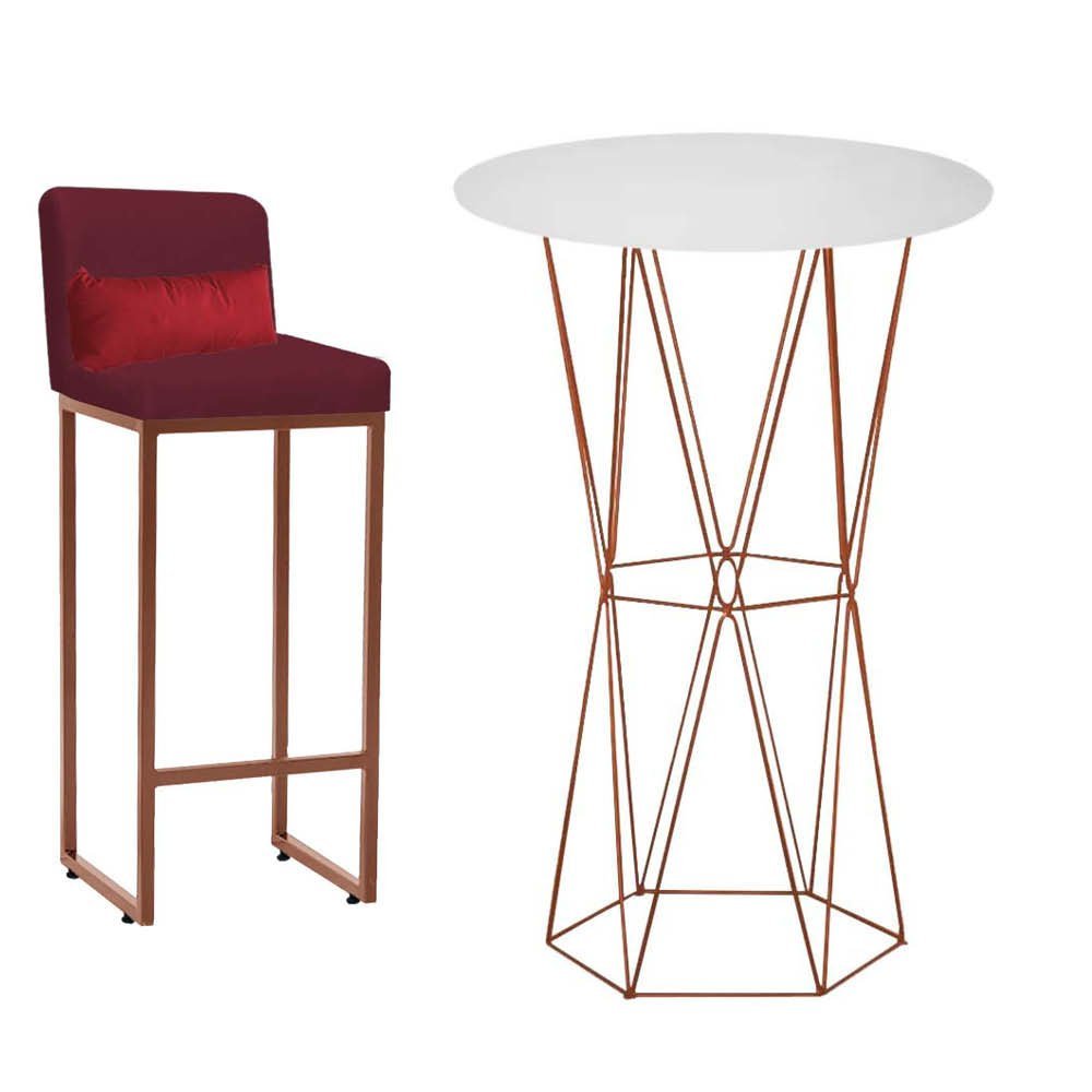 Kit Mesa Bistrô Flork e 1 Banqueta Lucca Tampo Branco Ferro Bronze Suede Bordô e Almofada Vermelho - - 1