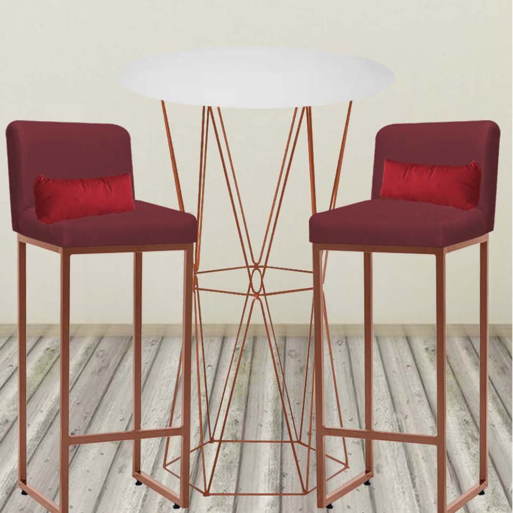 Kit Mesa Bistrô Flork e 1 Banqueta Lucca Tampo Branco Ferro Bronze Suede Bordô e Almofada Vermelho - - 2