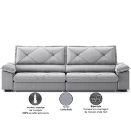 Sofá com Carregador Usb e Molas no Assento Retrátil Reclinável Nice 2,90m Linho Soft- Netsofas - - 5