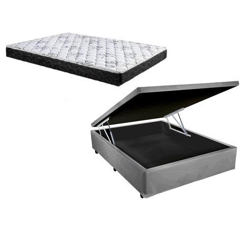 Cama Baú Casal Cinza + Colchão Espuma D28 138x188x12