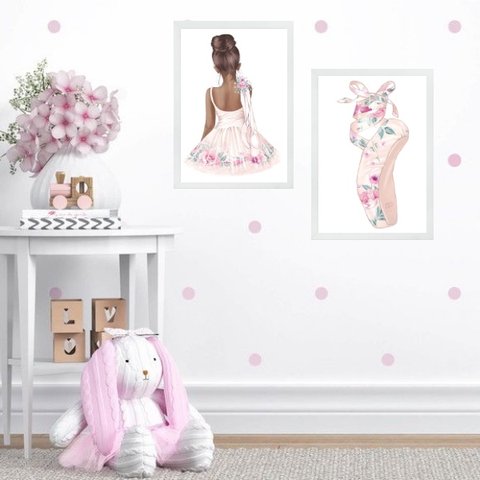 Kit 2 Quadros Quarto Menina Bailarina Floral 45x34cm - com Vidro:madeira Branca