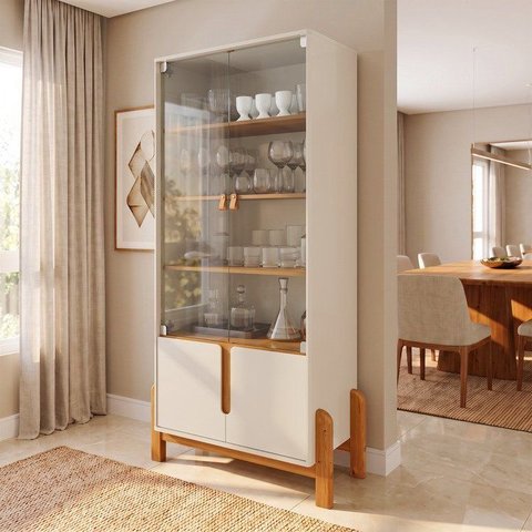 Cristaleira 4 Portas Vidro MDF Off White Cedro 83cm Lizz Bege