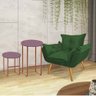 Kit Poltrona Opala com 2 Mesas Will Ferro Bronze Tampo Redondo Rose Suede Verde - Amey Decor - 1