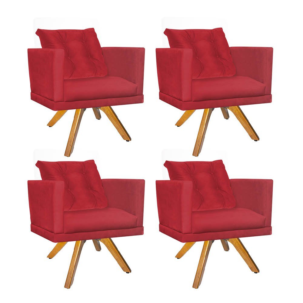 Kit 04 Poltrona Cadeira Kim Luxo Confort Giratória Rústico Com almofada Solta Suede Vermelho - Amey  - 1