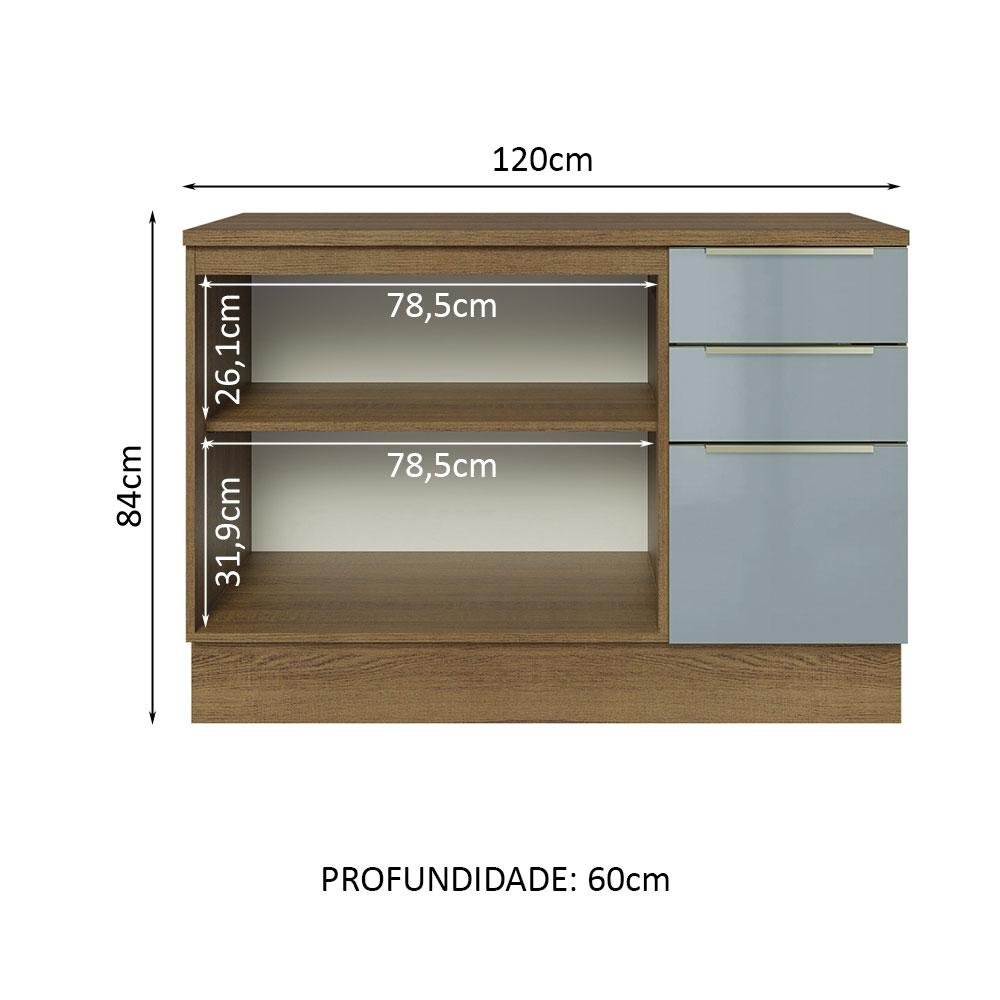 Balcão de Pia 120 cm 2 Portas 3 Gavetas - Rustic/Cinza Lux Madesa - 4