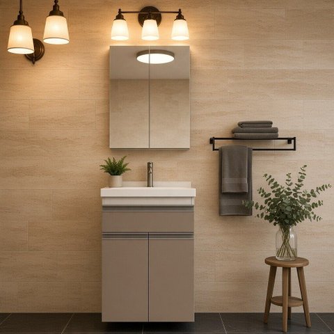 Kit Gabinete de Banheiro com Lavatório e Armário 50cm Movel na Caixa