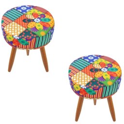 Combo 2 Puffs decorativos redondo pé palito-tecido patchwork - 1