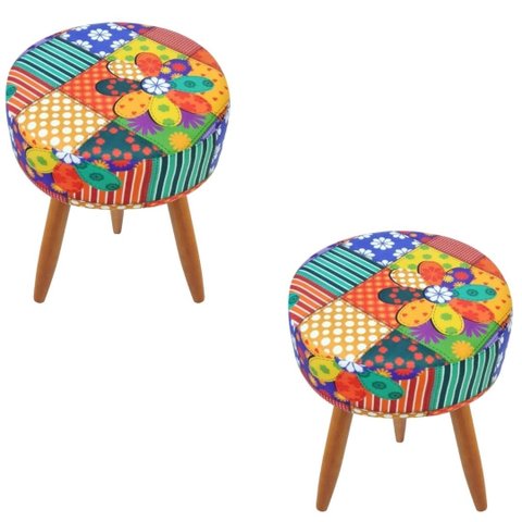 Combo 2 Puffs decorativos redondo pé palito-tecido patchwork