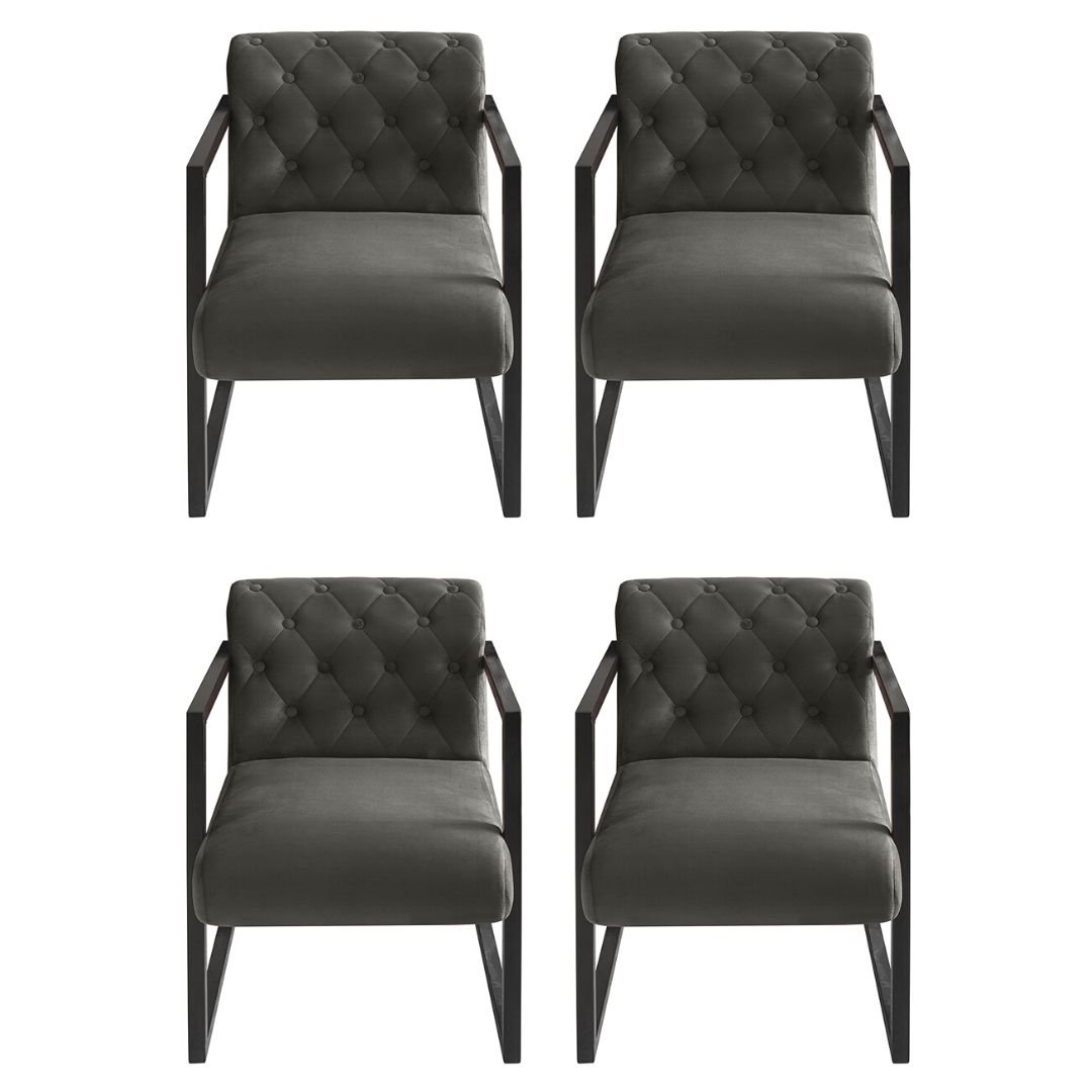 Kit 04 Poltronas Dallas Luxo Base de Ferro Preto Veludo Cinza Ruotolo Decor - 1