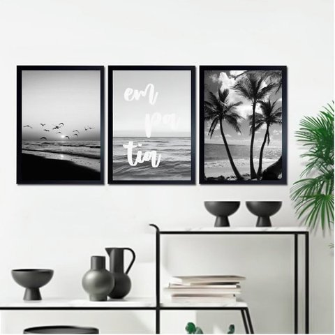 Kit 3 Quadros Praia Preto e Branco Empatia 45x34cm - com Vidro:madeira Preta