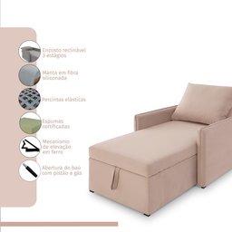 Sofá 3 em 1 Chaise, Cama e Baú Neve Rose Estofama - 4