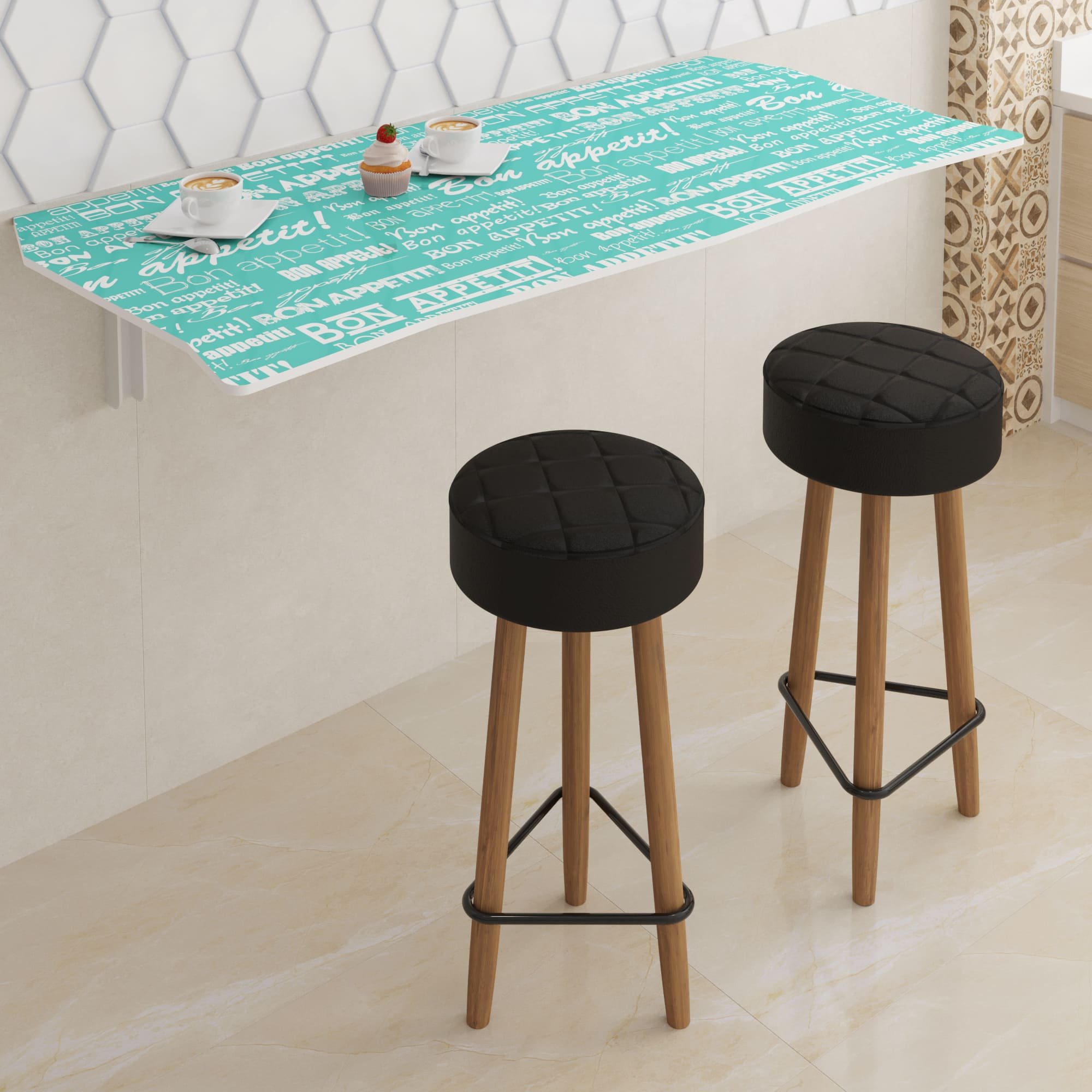Mesa Dobrável 110 cm Linha Apetit com 2 Banquetas - Cor Turquesa - 1