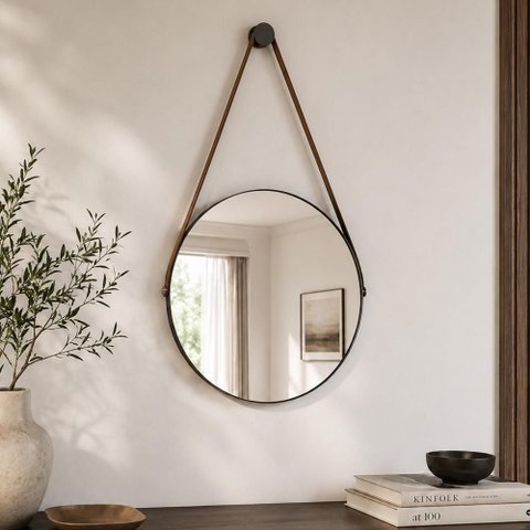 Espelho Decorativo Redondo com Alça de Couro Sunset Preto - Luapa